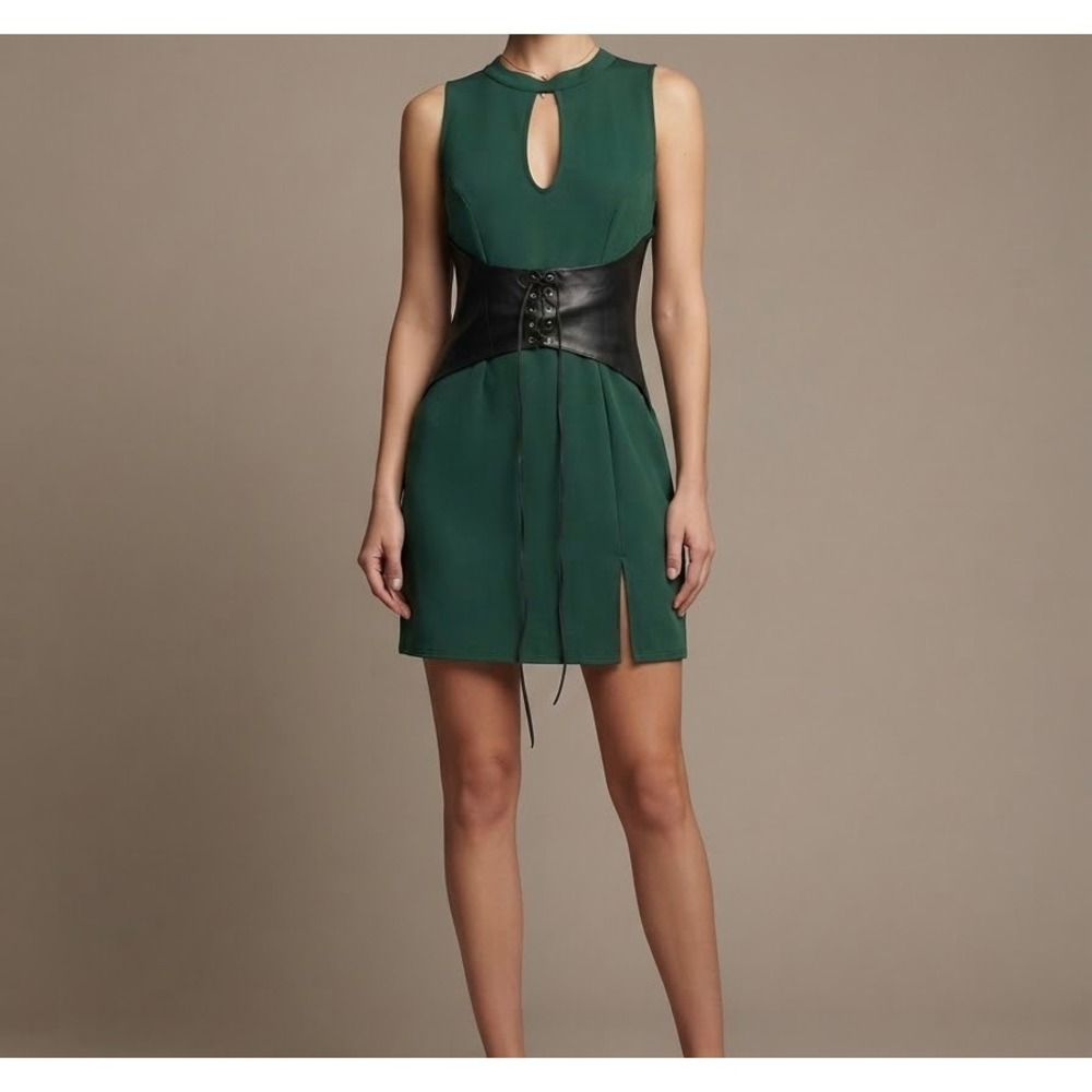 Green Faux Leather Corset Lace Up Mini Dress XL Forest fairy Ren Faire medieval